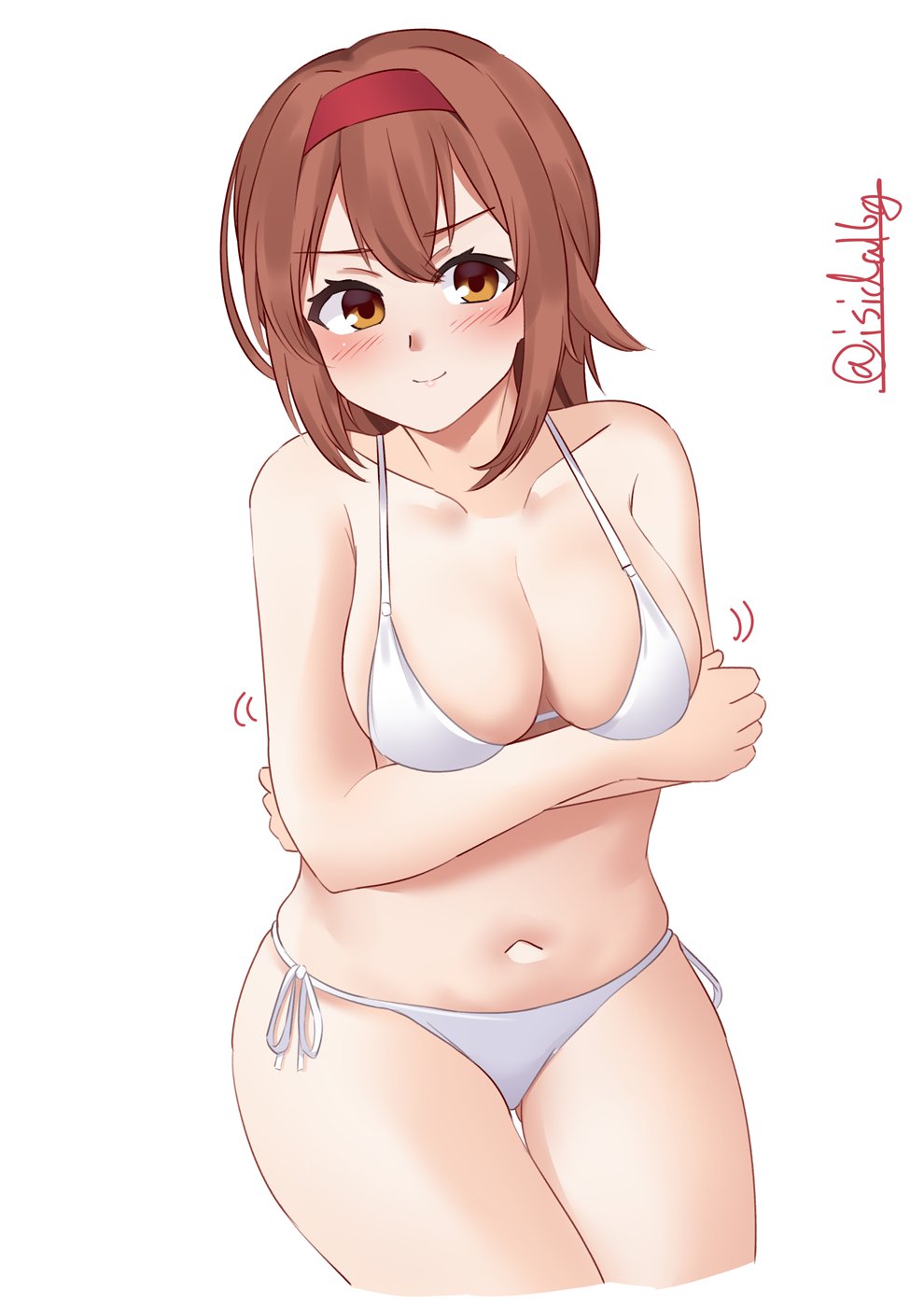 1girl alternate_costume bikini breasts brown_eyes brown_hair cleavage cropped_legs crossed_arms hairband highres ishida_arata kantai_collection looking_at_viewer medium_breasts navel red_hairband shiratsuyu_(kancolle) short_hair side-tie_bottom solo swimsuit twitter_username white_background white_bikini