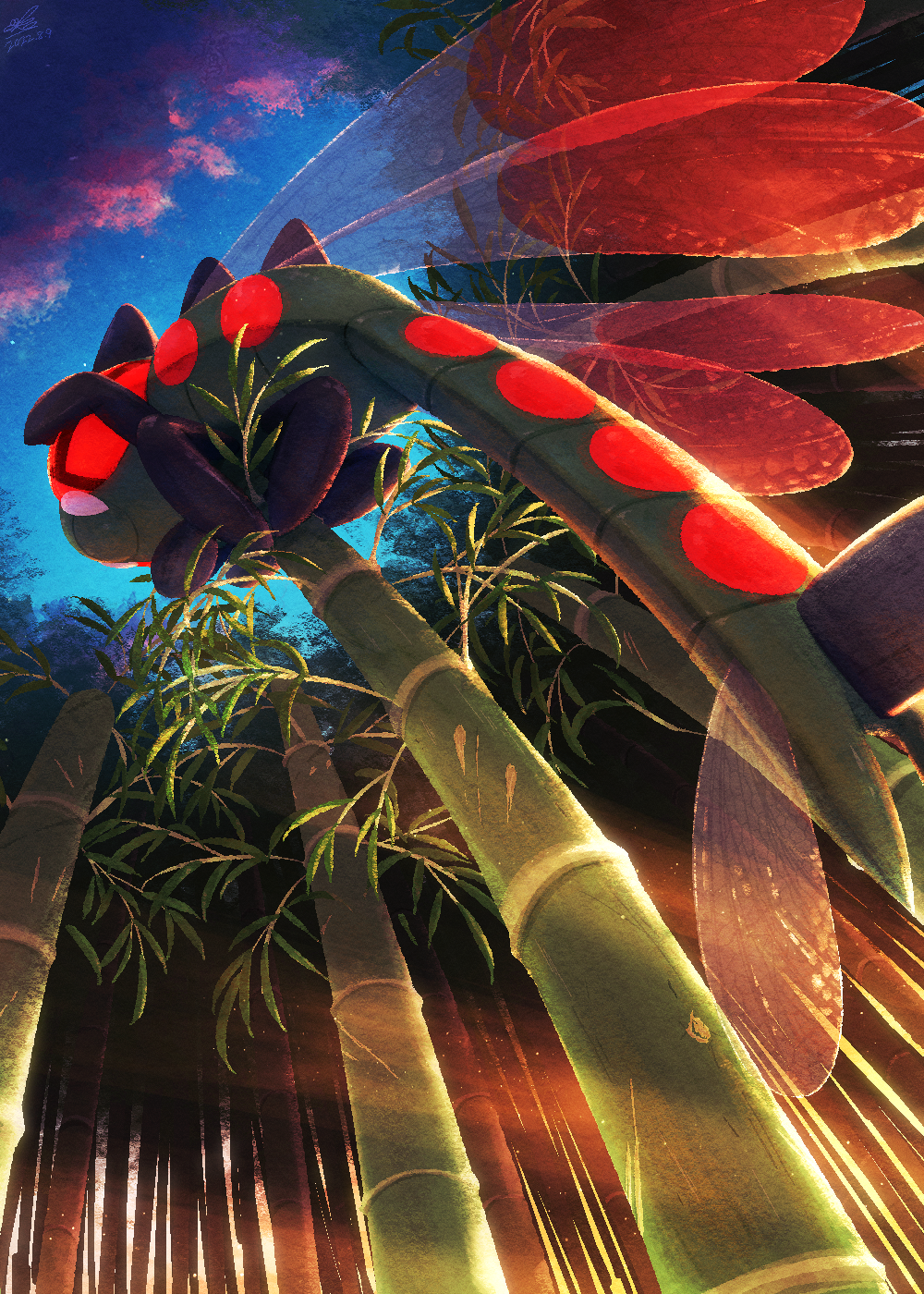 animal_focus bamboo bug cloud commentary_request ewokakukaede from_below highres no_humans outdoors pokemon pokemon_(creature) red_eyes sky solo yanmega