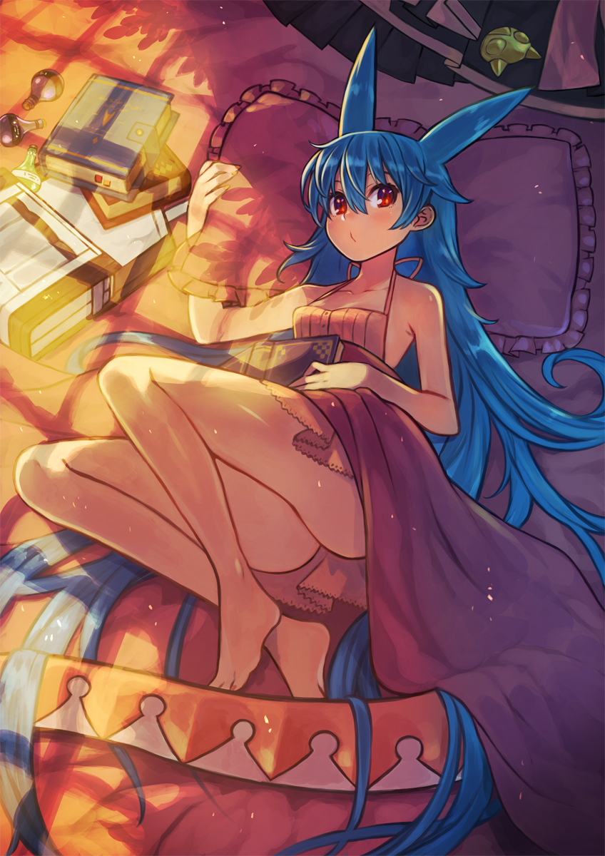 1girl bangs bare_arms bare_legs bare_shoulders barefoot bed_sheet blanket blue_hair book collarbone dragon_tail dress eyebrows_hidden_by_hair fingernails flask frilled_pillow frills hair_between_eyes highres legs light light_particles long_hair lying multicolored_tail nail_polish open_book orange_dress orange_nails orange_tail original pillow pink_blanket red_eyes ringed_eyes round-bottom_flask rumie solo tail tiona toenail_polish toenails very_long_hair white_tail