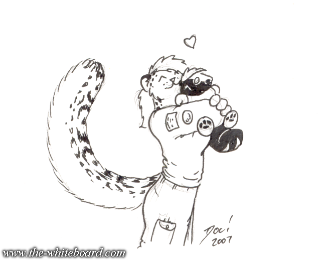 &lt;3 2007 anthro black_and_white breasts clothed clothing doc_nickel eyes_closed felid female fur hair happy mammal monochrome pantherine pirta_(the_whiteboard) plushie snow_leopard solo the_whiteboard webcomic