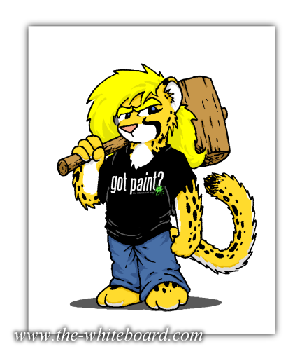 anthro blonde_hair cheetah clothed clothing doc_nickel felid feline female fur hair hammer kasi_(the_whiteboard) low_res mammal pink_nose solo spots spotted_body spotted_fur the_whiteboard tools webcomic yellow_body yellow_fur young