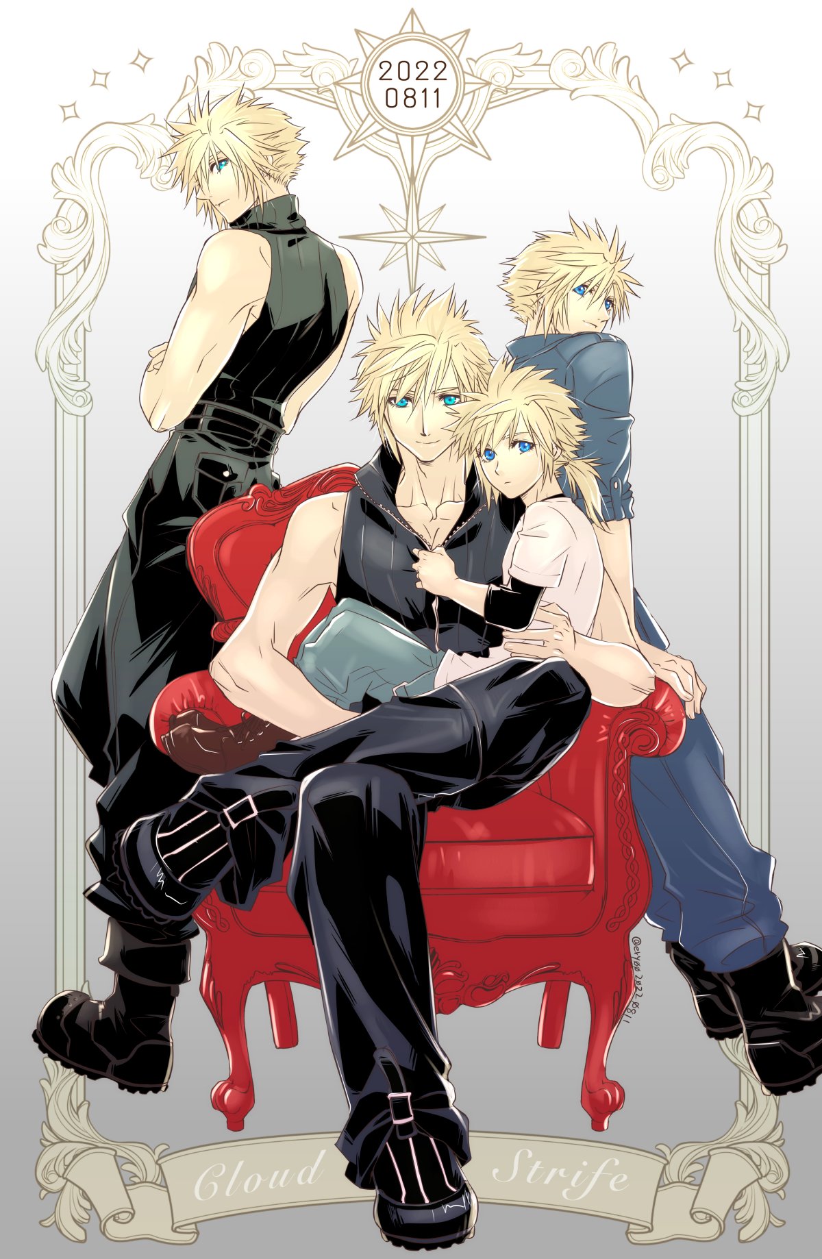 4boys aiz00 aqua_eyes arm_around_back baggy_pants bare_arms belt black_footwear black_pants black_shirt blue_eyes blue_pants blue_shirt boots border brown_footwear chair character_name cloud_strife crisis_core_final_fantasy_vii crossed_arms crossed_legs dated final_fantasy final_fantasy_vii final_fantasy_vii_advent_children final_fantasy_vii_remake grey_shirt hair_between_eyes hand_on_another's_chest high_collar highres layered_shirt leaning_on_object looking_at_viewer looking_back low_ponytail male_child male_focus multiple_belts multiple_boys multiple_persona muscular muscular_male open_collar pants shirt short_hair short_hair_with_long_locks sitting sitting_on_lap sitting_on_person sleeveless sleeveless_shirt sleeveless_turtleneck sleeves_rolled_up spiked_hair t-shirt turtleneck variations white_shirt younger