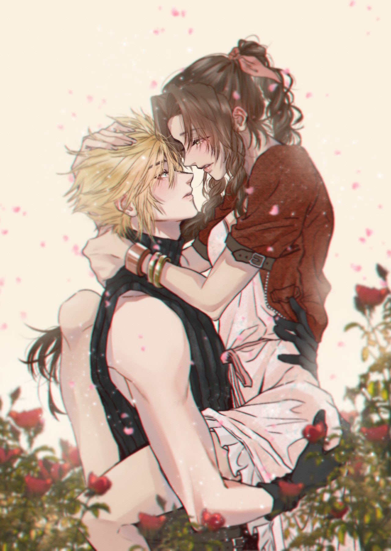 1boy 1girl aerith_gainsborough aqua_eyes arms_around_neck bangle bangs bare_shoulders black_gloves blonde_hair bracelet braid braided_ponytail breasts carrying carrying_person clothes_lift cloud_strife couple cropped_jacket dress dress_lift falling_petals final_fantasy final_fantasy_vii final_fantasy_vii_remake garden gloves hair_between_eyes hair_ribbon hand_in_another's_hair hetero highres jacket jewelry looking_at_another medium_breasts parted_bangs parted_lips petals pink_dress pink_ribbon poffg_7 red_flowers red_jacket ribbon short_hair short_sleeves sidelocks sleeveless sleeveless_turtleneck spiked_hair turtleneck upper_body wavy_hair yellow_background