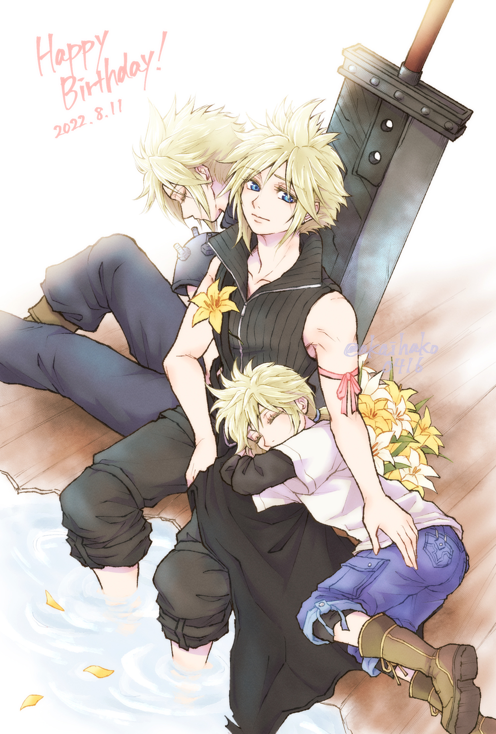 3boys arm_ribbon black_pants black_shirt blonde_hair blue_eyes blue_shorts boots brown_footwear buster_sword closed_eyes dated earrings final_fantasy final_fantasy_vii final_fantasy_vii_advent_children final_fantasy_vii_remake flower hair_between_eyes happy_birthday head_down high_collar highres jewelry lap_pillow layered_shirt looking_at_viewer low_ponytail male_child male_focus medium_hair multiple_boys multiple_persona open_collar pants pants_rolled_up pink_ribbon planted planted_sword ribbon shirt short_hair shorts single_earring sitting sleeveless sleeveless_shirt soaking_feet spiked_hair sword t-shirt thigh_strap waist_cape weapon white_flower white_shirt wooden_floor yellow_flower you_(blacknwhite) younger