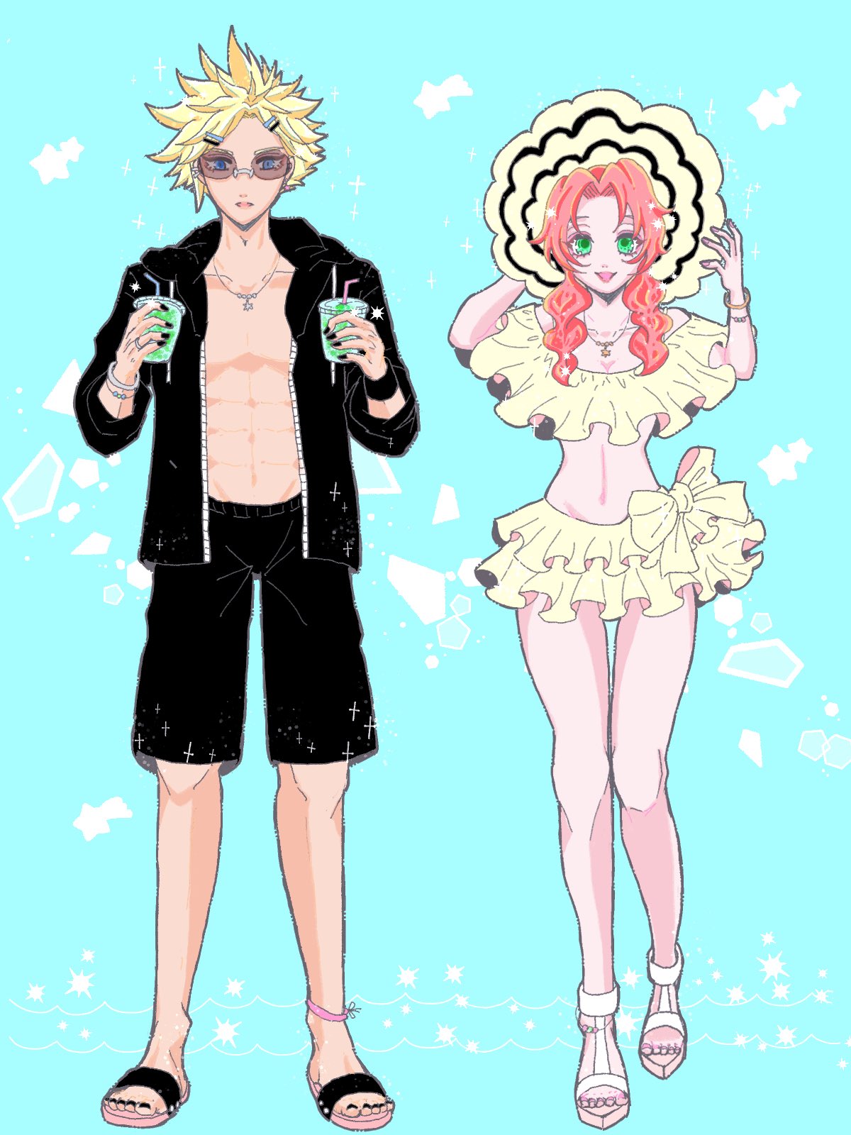 1boy 1girl abs adjusting_clothes adjusting_headwear aerith_gainsborough bangs bare_legs bikini black_footwear black_hoodie black_nails black_shorts blonde_hair blue_background blue_eyes bracelet brown_hair cloud_strife cup disposable_cup drinking_straw final_fantasy final_fantasy_vii frilled_bikini frills full_body hair_ornament hairclip hat highres holding holding_clothes holding_cup holding_hat hood hoodie jewelry long_hair looking_at_viewer male_swimwear midriff nail_polish necklace nyanty_oekaki open_clothes open_hoodie open_mouth parted_bangs sandals short_hair shorts sidelocks smile spiked_hair standing summer sunglasses swim_trunks swimsuit toenail_polish toenails wavy_hair white_footwear yellow_bikini