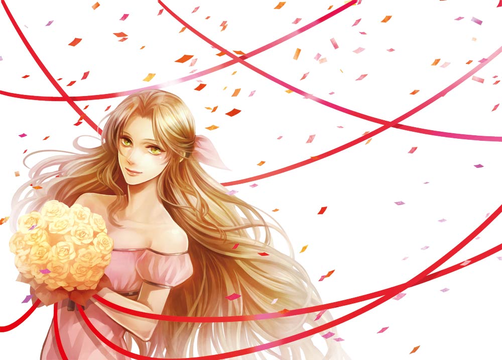 1girl aerith_gainsborough bare_shoulders bouquet breasts brown_hair collarbone confetti detached_sleeves dress final_fantasy final_fantasy_vii flower green_eyes hair_ribbon holding holding_bouquet long_hair looking_at_viewer medium_breasts pink_dress pink_ribbon ponytail puffy_short_sleeves puffy_sleeves red_ribbon ribbon rose short_sleeves smile solo tetra_takamine upper_body wavy_hair white_background yellow_flower yellow_rose