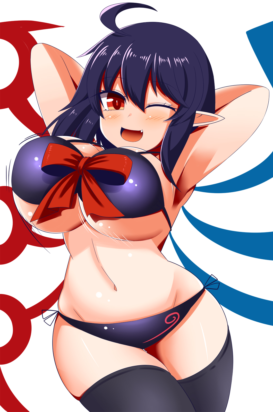 1girl asymmetrical_wings bikini black_hair blue_wings breasts highres houjuu_nue large_breasts navel one_eye_closed pantyhose pointy_ears red_eyes red_wings short_hair simple_background swimsuit touhou white_background wings xialu_zajin