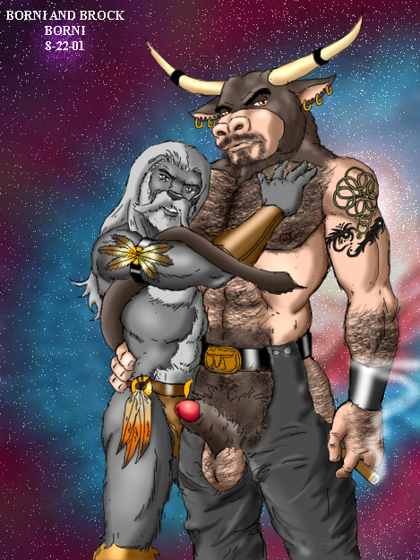 anthro balls body_hair borni bovid bovine canid canine chaps cigar duo ear_piercing erection european_mythology facial_hair genitals greek_mythology male male/male mammal minotaur muscular mythology nipples piercing tail_around_partner tattoo wrist