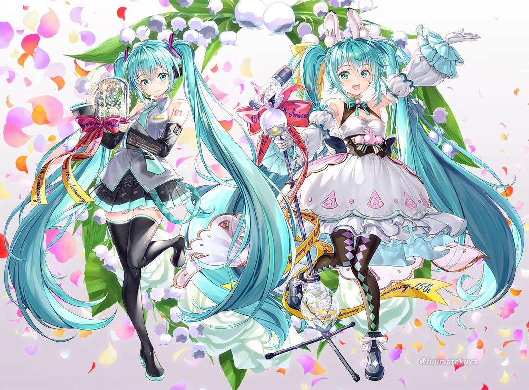 1girl :d aqua_hair bangs bare_shoulders black_footwear black_skirt black_sleeves black_thighhighs boots breasts closed_mouth collared_shirt commentary_request detached_sleeves dress flower fujima_takuya gloves green_eyes green_necktie grey_shirt hair_between_eyes hatsune_miku lily_of_the_valley long_hair long_sleeves magical_mirai_(vocaloid) multiple_views necktie official_art pleated_skirt puffy_long_sleeves puffy_sleeves shirt skirt sleeveless sleeveless_shirt small_breasts smile standing standing_on_one_leg thigh_boots thighhighs tie_clip twintails very_long_hair vocaloid white_dress white_flower white_gloves wide_sleeves