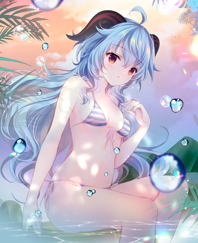 1girl :o ahoge bangs bare_arms bare_shoulders bikini blue_hair blush breasts commentary_request feet_out_of_frame front-tie_bikini front-tie_top ganyu_(genshin_impact) genshin_impact hair_between_eyes hand_up horns long_hair looking_at_viewer parted_lips red_eyes shirogane_hina side-tie_bikini sitting small_breasts solo striped striped_bikini swimsuit very_long_hair water water_drop