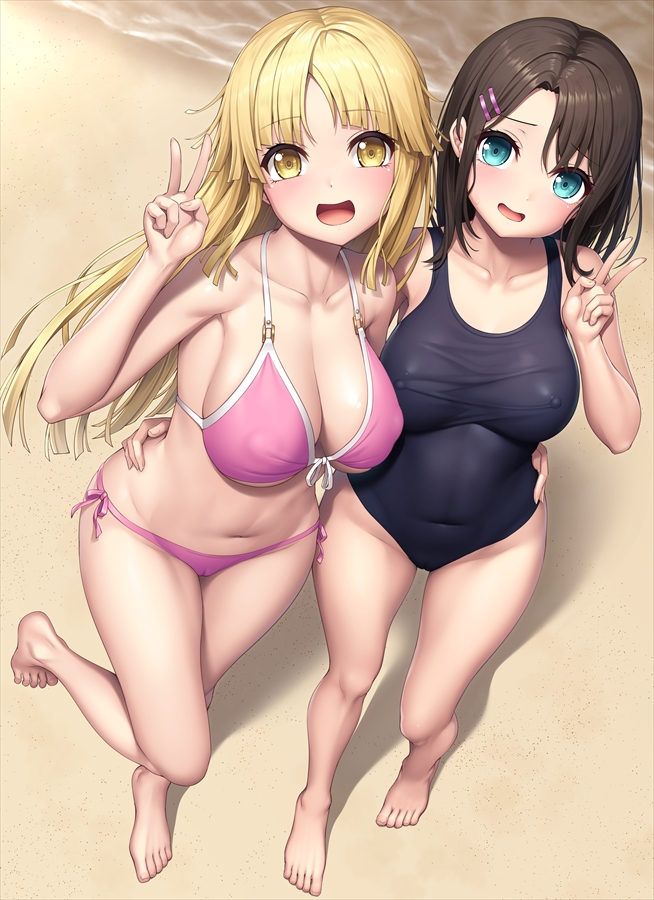 2girls :d arm_around_waist bang_dream! bangs bare_arms bare_legs bare_shoulders barefoot beach bikini black_hair black_swimsuit blonde_hair blue_eyes blunt_bangs blunt_ends breasts cameltoe cleavage collarbone commentary_request covered_navel covered_nipples day fingernails floating_hair from_above front-tie_bikini front-tie_top full_body groin hair_between_eyes hair_ornament hairclip hand_on_another's_hip hand_up lambda_(kusowarota) large_breasts leg_up light_blush long_hair looking_at_viewer looking_up medium_hair multiple_girls navel okusawa_misaki one-piece_swimsuit open_mouth outdoors parted_lips pink_bikini raised_eyebrows side-by-side side-tie_bikini smile standing standing_on_one_leg stomach swimsuit toenails tsurumaki_kokoro v very_long_hair water yellow_eyes