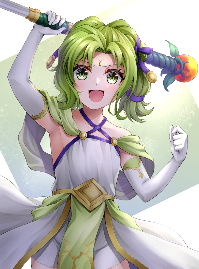 1girl :d armpits bare_shoulders circlet dress elbow_gloves fire_emblem fire_emblem:_the_sacred_stones fire_emblem_heroes gloves green_eyes green_hair holding holding_staff l'arachel_(fire_emblem) looking_at_viewer official_alternate_costume open_mouth sleeveless sleeveless_dress smile solo staff ten_(tenchan_man) white_dress white_gloves younger