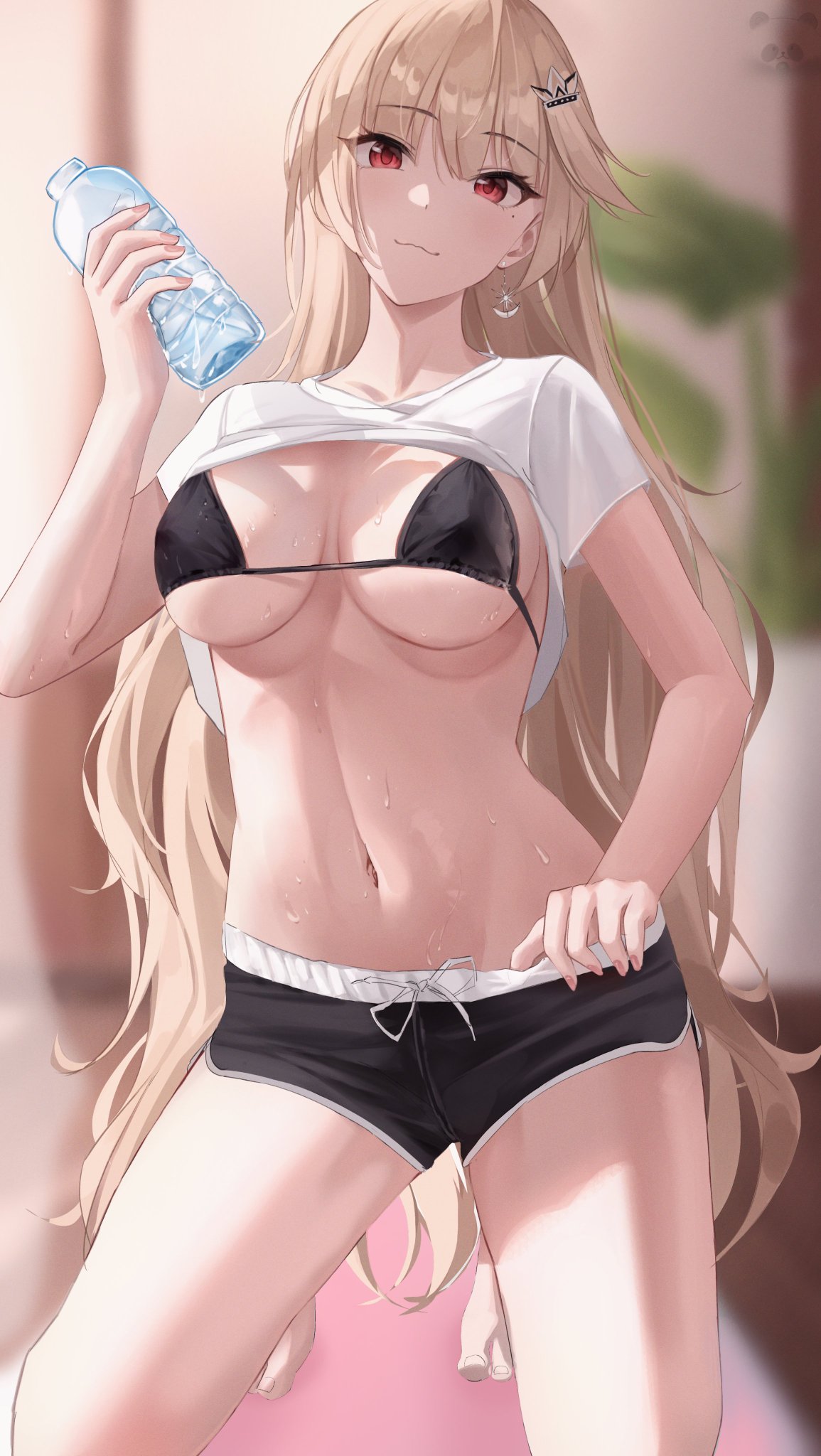 1girl bad_id bad_twitter_id bangs bikini black_bikini black_shorts blonde_hair blush bottle breasts cleavage clothes_lift dolphin_shorts earrings hair_ornament hairclip highres jewelry long_hair looking_at_viewer medium_breasts navel original po_ppe red_eyes shirt shirt_lift short_shorts short_sleeves shorts smile solo sweat swimsuit thighs water_bottle white_shirt