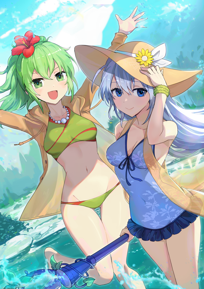 2girls :d arms_up bangs bare_legs barefoot bead_necklace beads bikini blue_hair blue_swimsuit brown_jacket character_request copyright_request covered_navel flower green_bikini green_eyes green_hair groin hair_flower hair_ornament hat hat_ribbon highres holding holding_staff hsin jacket jewelry long_hair looking_at_viewer multiple_girls navel necklace one-piece_swimsuit open_clothes open_jacket open_mouth outdoors ponytail red_flower ribbon short_hair smile staff stomach sun_hat swimsuit thighs wading water white_ribbon