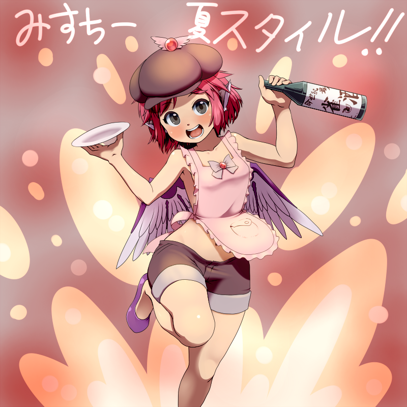 1girl animal_ears apron bird_ears bird_wings black_shorts blush bottle brown_headwear collarbone cup d.koutya foot_out_of_frame grey_eyes hat holding holding_bottle mystia_lorelei navel open_mouth pink_apron pink_hair purple_footwear sakazuki shoes short_hair shorts smile solo touhou white_wings winged_hat wings