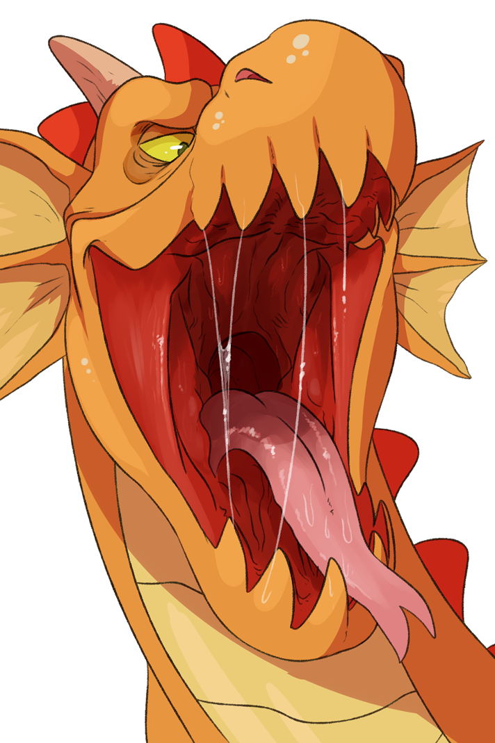 bodily_fluids chip_'n_dale_rescue_rangers disney dragon dtz_(cdrr) ear_frill forked_tongue frill_(anatomy) front_view glistening glistening_eyes glistening_tongue headshot_portrait horn imperatorcaesar mouth_shot open_mouth orange_body pink_tongue portrait saliva saliva_on_tongue saliva_string simple_background tan_horn tongue tongue_out unsigned white_background yellow_body yellow_frill