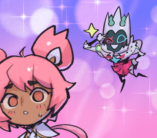 1boy 1girl :o black_skin blush colored_skin crown fiddlesticks hand_up league_of_legends one_eye_closed phantom_ix_row pink_background pink_eyes pink_hair pink_skirt purple_background scarecrow sketch skirt sparkle star_guardian_(league_of_legends) star_guardian_taliyah star_nemesis_fiddlesticks sweatdrop taliyah twintails