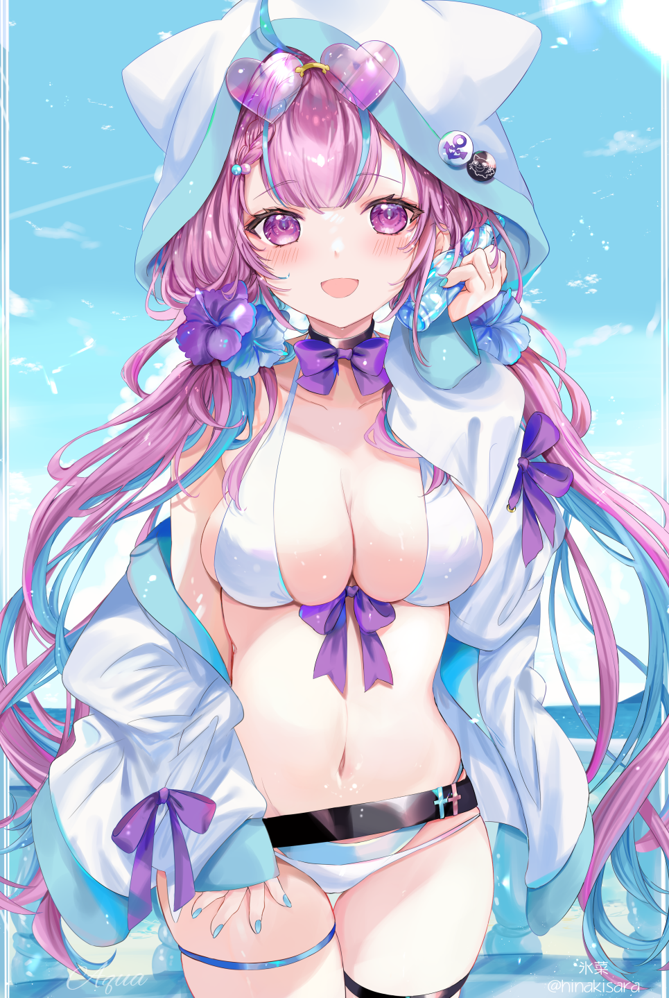 1girl :d bangs bikini black_choker blue_flower blue_hair blush bottle bottle_to_cheek bow bowtie breasts choker cleavage colored_inner_hair cowboy_shot flower hair_flower hair_ornament hibiscus highres hinahino holding holding_bottle hololive hood hood_up hooded_jacket jacket large_breasts long_hair long_sleeves looking_at_viewer minato_aqua multicolored_hair navel off_shoulder open_clothes open_jacket pink_hair puffy_long_sleeves puffy_sleeves purple_bow purple_bowtie purple_eyes purple_flower smile solo stomach swimsuit thigh_gap thigh_strap twintails very_long_hair virtual_youtuber white_bikini white_jacket