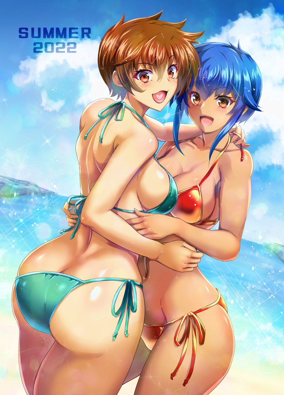 2girls arm_around_neck arm_around_waist ass beach bikini blue_hair blue_sky breasts brown_eyes brown_hair cleavage cloud dha from_behind genderswap genderswap_(mtf) heart heart_in_mouth highres large_breasts looking_back menad_shisei multiple_girls ocean open_mouth outdoors rance_(series) ransuko side-tie_bikini sideboob sky smile summer swimsuit wide_hips