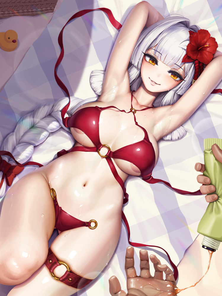 1boy 1girl areola_slip armpits arms_behind_head arms_up ass_visible_through_thighs bangs beach_towel bikini black_survival blunt_bangs blush bow braid breasts character_request cleavage collarbone flower grey_hair hair_bow hair_flower hair_intakes hair_ornament hibiscus knee_up large_breasts lens_flare letdie1414 long_hair looking_at_viewer lotion lying navel o-ring on_back orange_eyes parted_lips red_bikini red_bow red_flower rubber_duck single_braid smile solo_focus stomach swimsuit thigh_gap thigh_strap towel untied untied_bikini very_long_hair wet