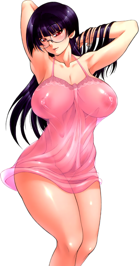 andou_hiroyuki armpits arms_up breasts copyright_request covered_nipples curvy huge_breasts naughty_face nightgown purple_hair red_eyes see-through solo