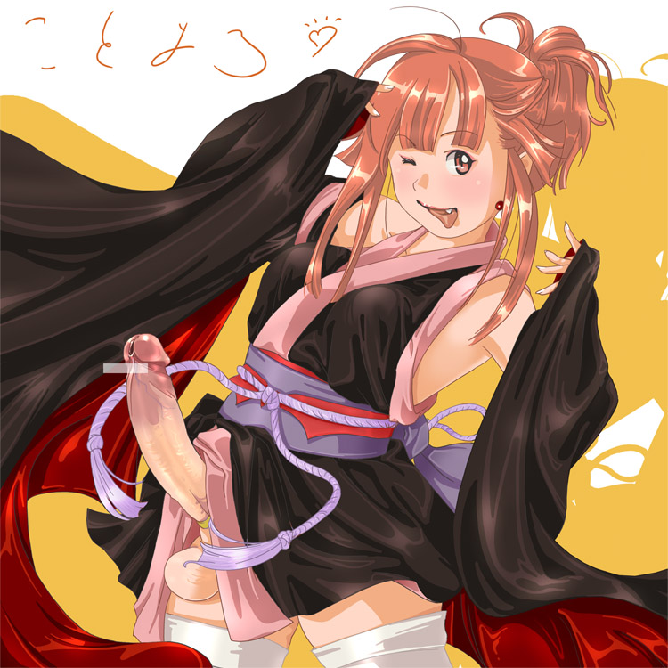 cape censored copyright_request earrings fang futanari japanese_clothes jewelry kimono one_eye_closed penis pointless_censoring red_hair solo testicles tongue vampire yozora