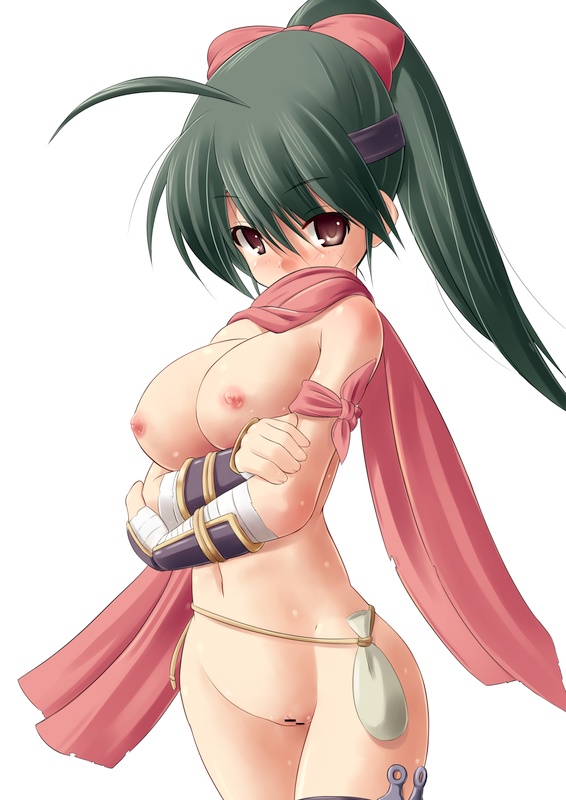 ahoge bandages black_hair breasts copyright_request gauntlets kourourin large_breasts naked_scarf navel ninja nipples nude ponytail pussy red_eyes scarf solo thighhighs