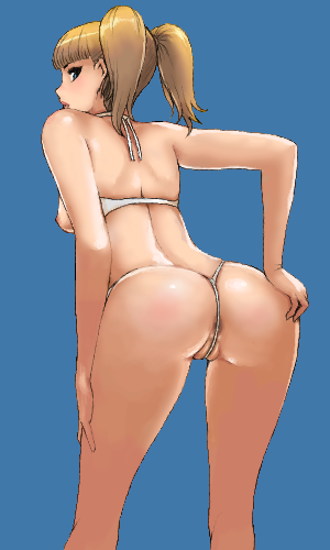 anus_peek ass bikini blonde_hair blue_background blue_eyes breasts copyright_request looking_back lowres matoyama medium_breasts nipples partially_visible_vulva short_hair simple_background solo swimsuit thong_bikini