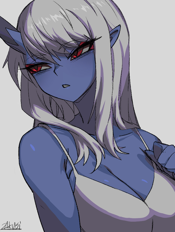 1girl bare_shoulders blue_oni blue_skin breasts cleavage colored_skin eyeshadow grey_background grey_hair hand_up horns kimiko_(zakusi) large_breasts long_hair makeup oni original parted_lips red_eyes signature simple_background single_horn solo zakusi