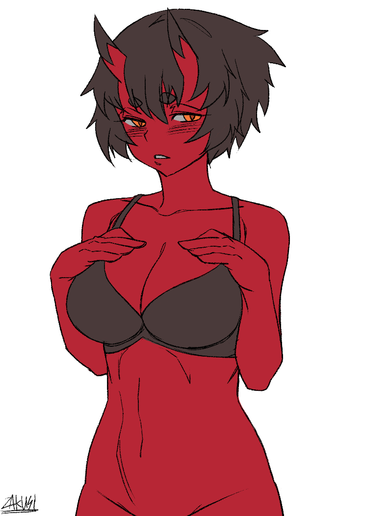 1girl bad_id bad_twitter_id black_bra black_hair blush bottomless bra breast_suppress breasts colored_skin hands_up horns kidouko_(zakusi) large_breasts looking_at_viewer navel oni oni_horns orange_eyes original out-of-frame_censoring parted_lips red_oni red_skin short_hair signature simple_background solo underwear white_background zakusi