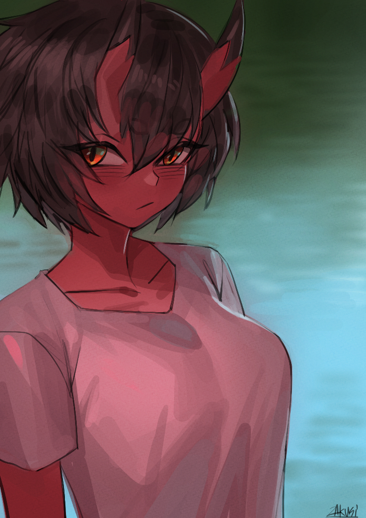 1girl black_hair blush breasts closed_mouth colored_skin horns kidouko_(zakusi) large_breasts looking_at_viewer oni oni_horns orange_eyes original red_oni red_skin shirt short_hair short_sleeves signature slit_pupils solo upper_body white_shirt zakusi