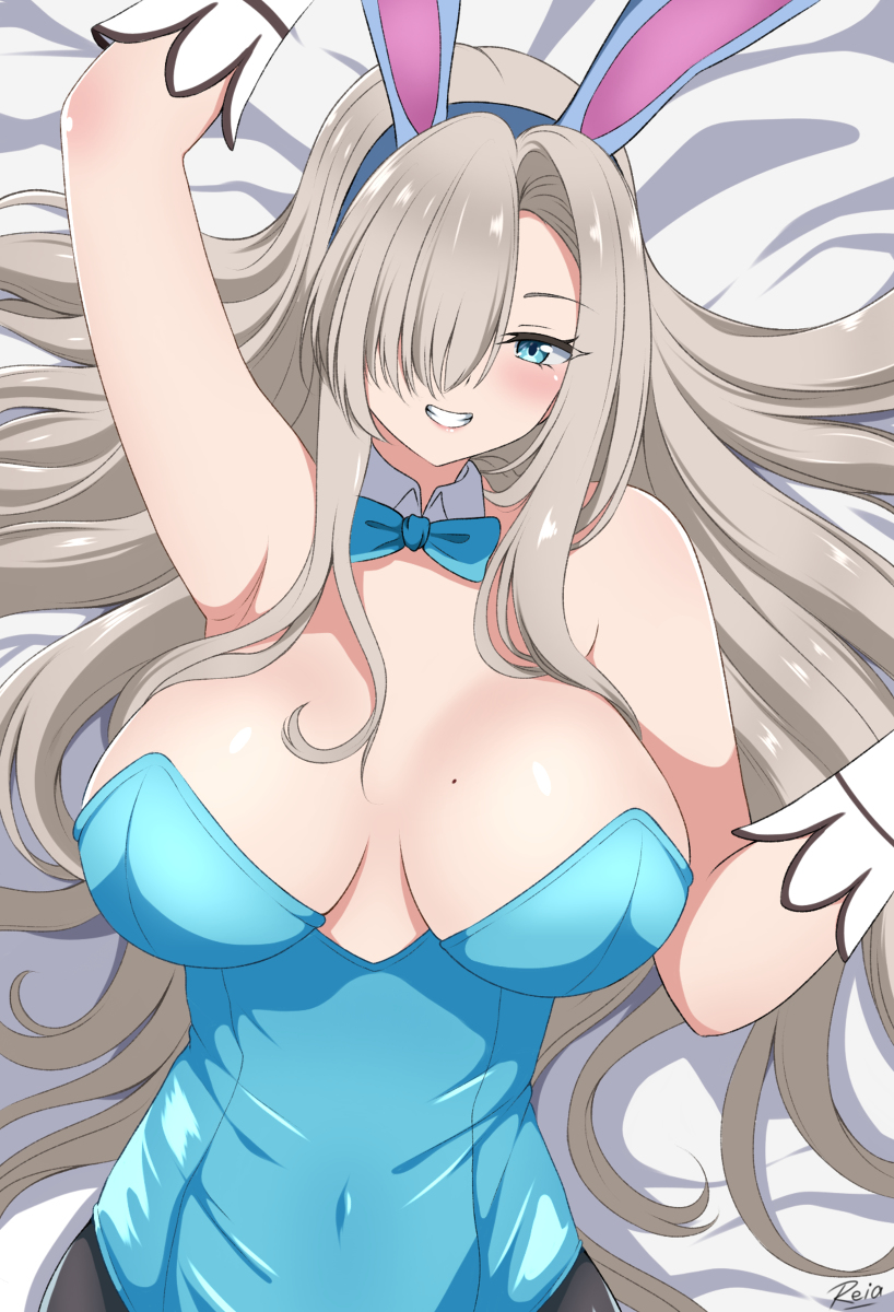 1girl animal_ears asuna_(blue_archive) asuna_(bunny)_(blue_archive) bangs bed blonde_hair blue_archive blue_eyes bow bowtie breasts gloves highres image_sample large_breasts long_hair official_alternate_costume pantyhose pixiv_sample playboy_bunny rabbit_ears reia_76 smile solo traditional_bowtie