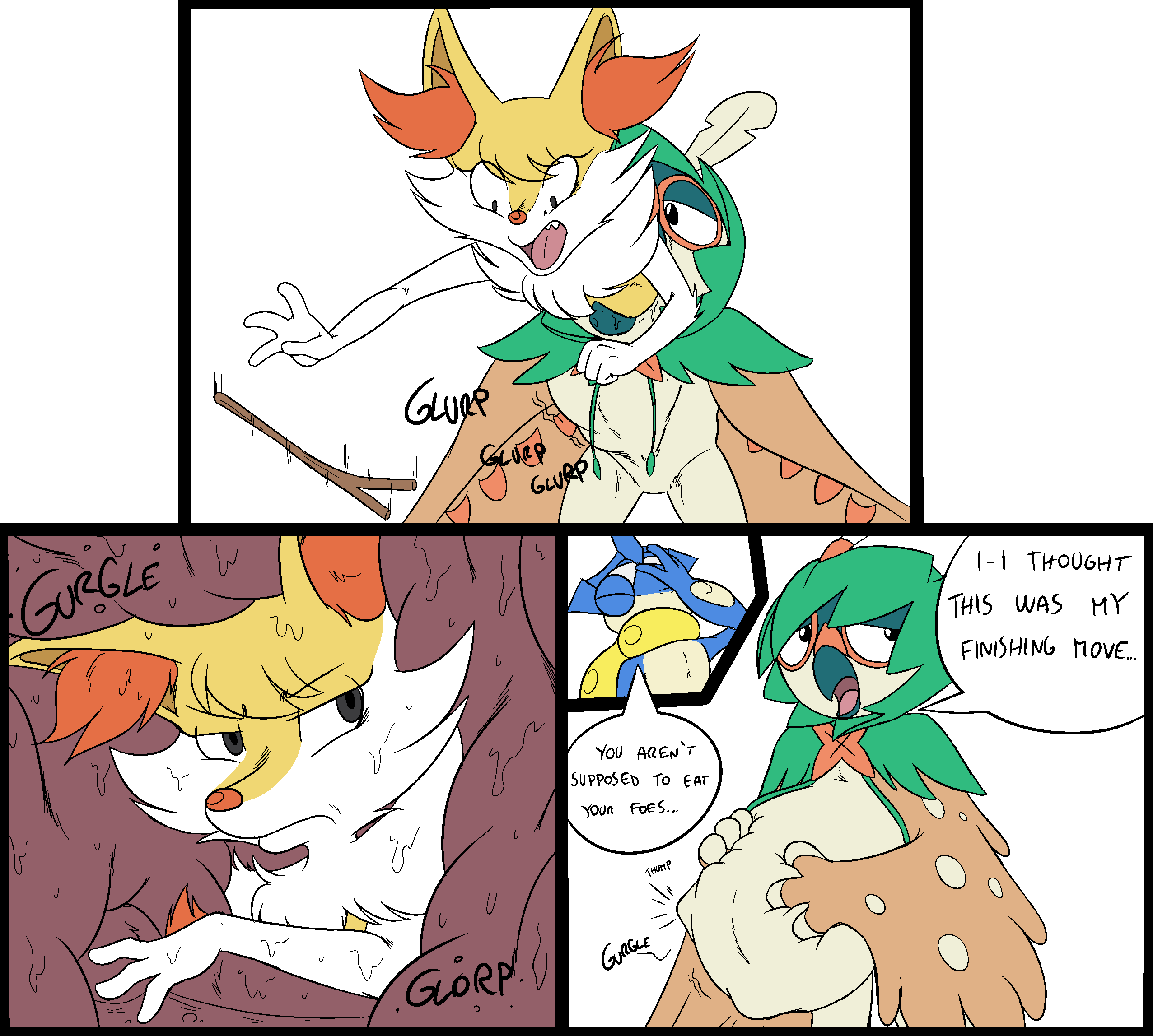 2018 3_fingers abdominal_bulge anthro anthro_pred anthro_prey beak belly_grab bodily_fluids braixen colored decidueye dialogue digestion doing_it_wrong dropping_object english_text eyes_closed facepalm female female_prey fingers greninja group hi_res internal male male/female male_pred nintendo nonine open_mouth oral_vore pok&eacute;mon pok&eacute;mon_(species) reddyy rumbling_stomach same_size_vore soft_vore sparky_the_chu speech_bubble stomach_acid swallowing text tongue trio veni_(nonine) video_games vore