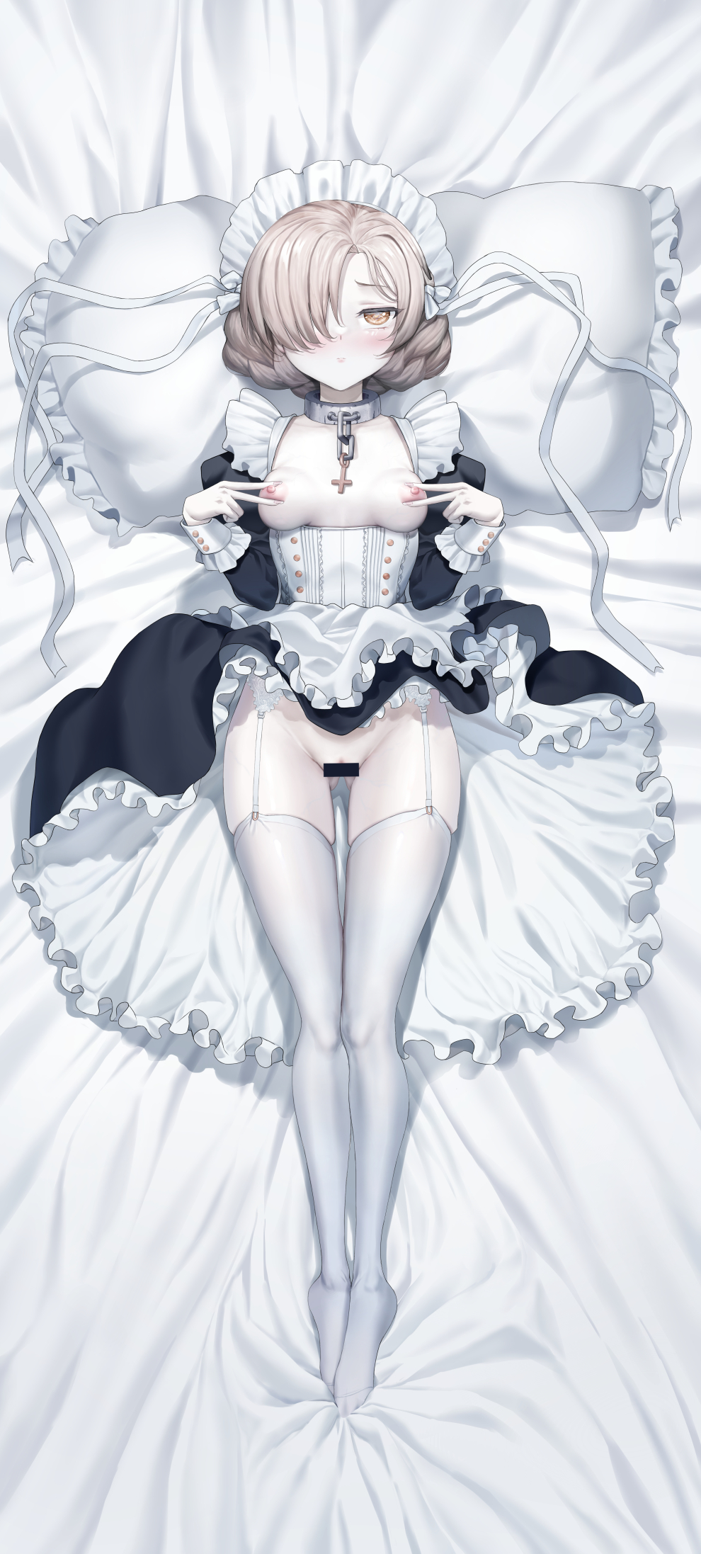 1girl apron azur_lane bar_censor black_dress blush breasts breasts_out censored colored_skin dress frilled_apron frilled_dress frills full_body hair_over_one_eye highres light_brown_hair lying maid_apron maid_headdress nipple_rub nipples on_back pillow puffy_short_sleeves puffy_sleeves qisu self_fondle sheffield_(azur_lane) short_sleeves small_breasts solo thighhighs two-tone_dress white_apron white_dress white_garter_straps white_skin white_thighhighs yellow_eyes