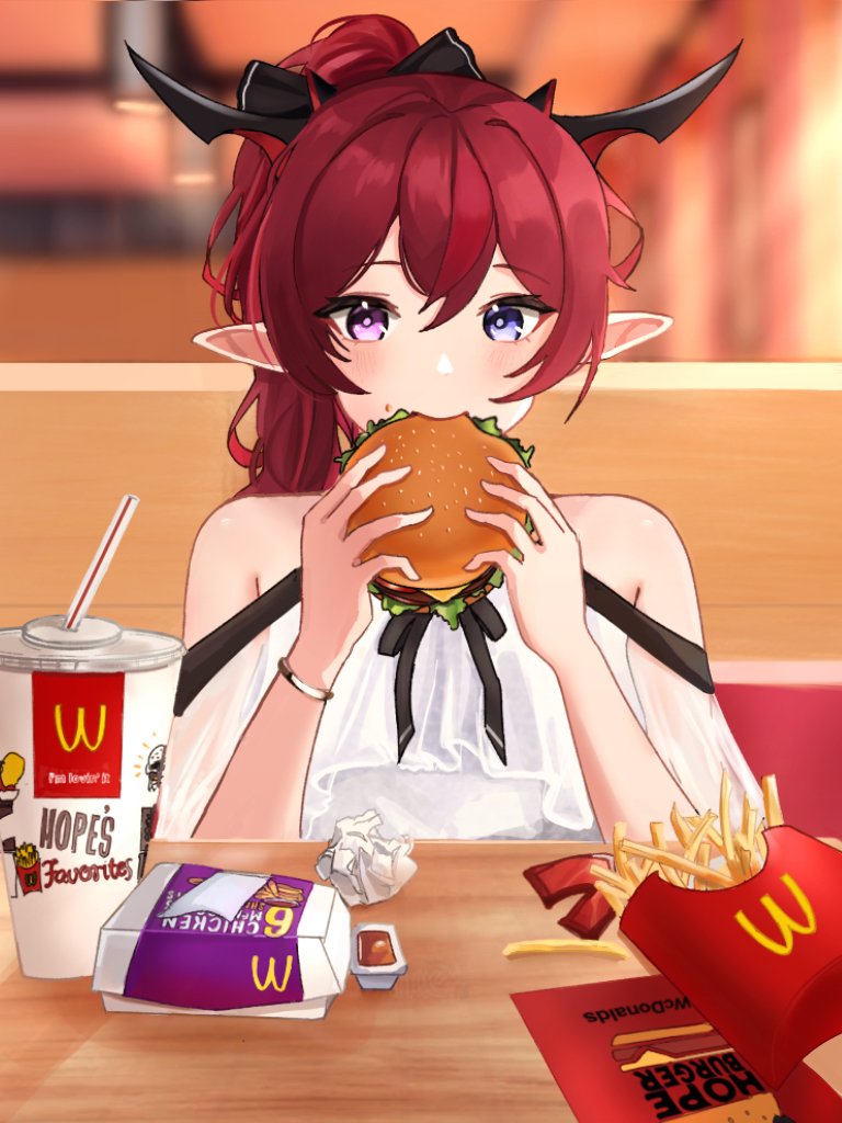 1girl bangs bare_shoulders blue_eyes blush bracelet brand_name_imitation burger cloud_etoile cup disposable_cup dress eating food french_fries hair_between_eyes hair_ribbon heterochromia holding holding_food hololive hololive_english horns irys_(hololive) jewelry long_hair looking_at_viewer mcdonald's off-shoulder_dress off_shoulder pointy_ears ponytail pov_across_table pov_dating purple_eyes red_hair ribbon sauce sitting solo table upper_body virtual_youtuber wcdonalds