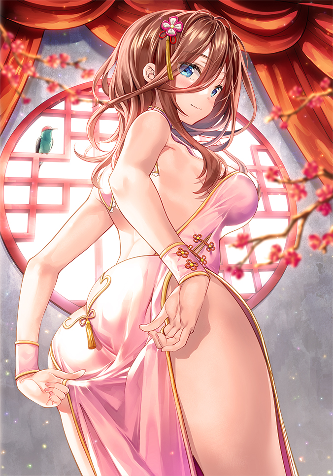1girl ass back backless_dress backless_outfit bangs bare_arms bare_back bare_shoulders bird blue_eyes blurry blush breasts brown_hair cherry_blossoms china_dress chinese_clothes closed_mouth cowboy_shot curtains depth_of_field dress fingernails flower from_behind fujima_takuya go-toubun_no_hanayome hair_between_eyes hair_flower hair_ornament hairpin large_breasts leaning_forward long_hair looking_at_viewer looking_back nail_polish nakano_miku no_bra no_panties pelvic_curtain pink_dress revealing_clothes see-through side_slit sideboob sidelocks sleeveless sleeveless_dress smile solo standing thighs window wristband