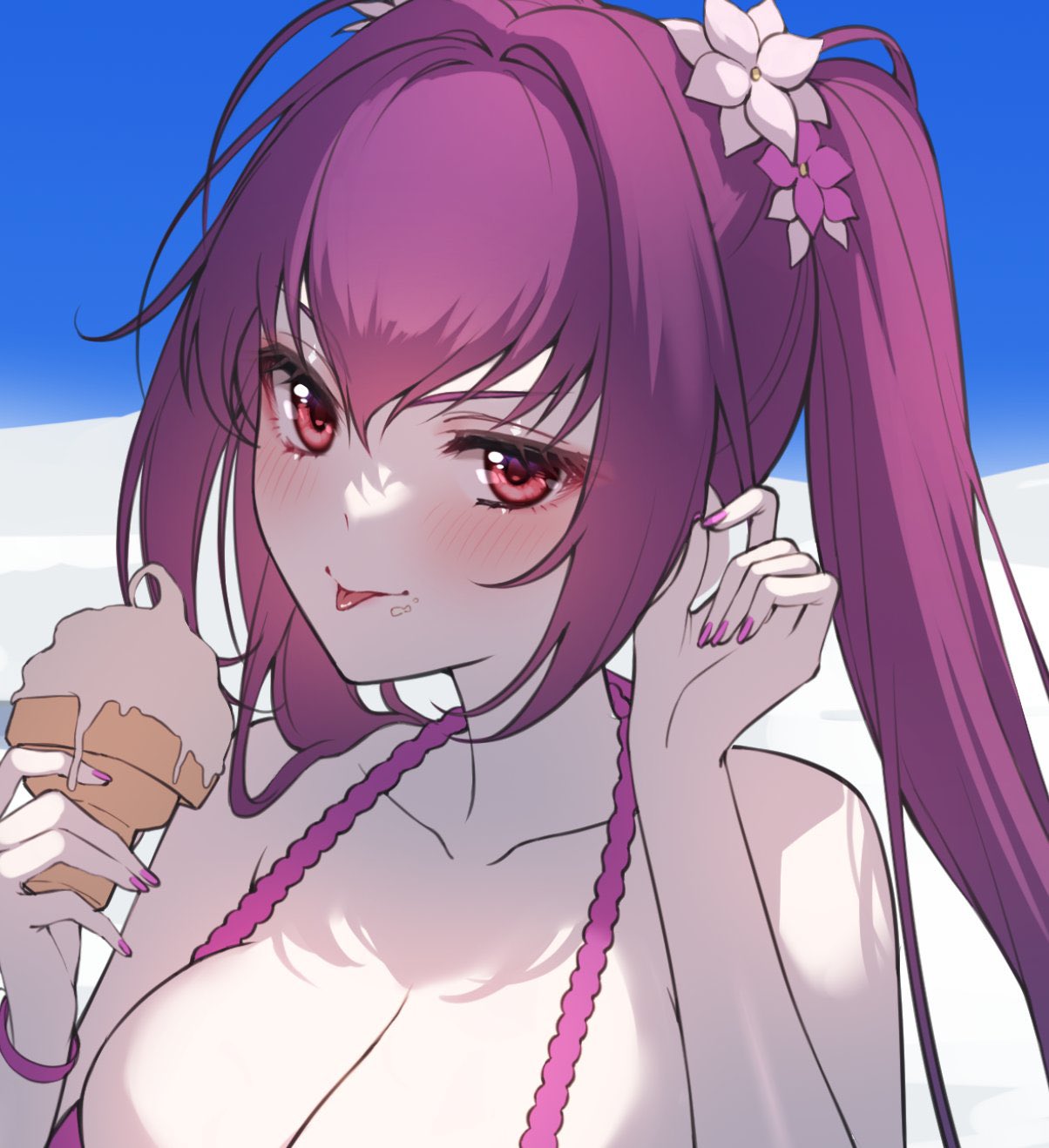 1girl bangs bikini blush breasts commentary fate/grand_order fate_(series) fingernails flower food food_on_face hair_between_eyes hair_flower hair_intakes hair_ornament highres holding holding_food holding_ice_cream ice_cream ice_cream_cone large_breasts long_hair looking_at_viewer purple_bikini purple_flower purple_hair purple_nails purple_swimsuit red_eyes scathach_(fate) scathach_skadi_(fate) scathach_skadi_(swimsuit_ruler)_(fate) solo swimsuit tongue tongue_out twintails upper_body white_flower yayoi_maka