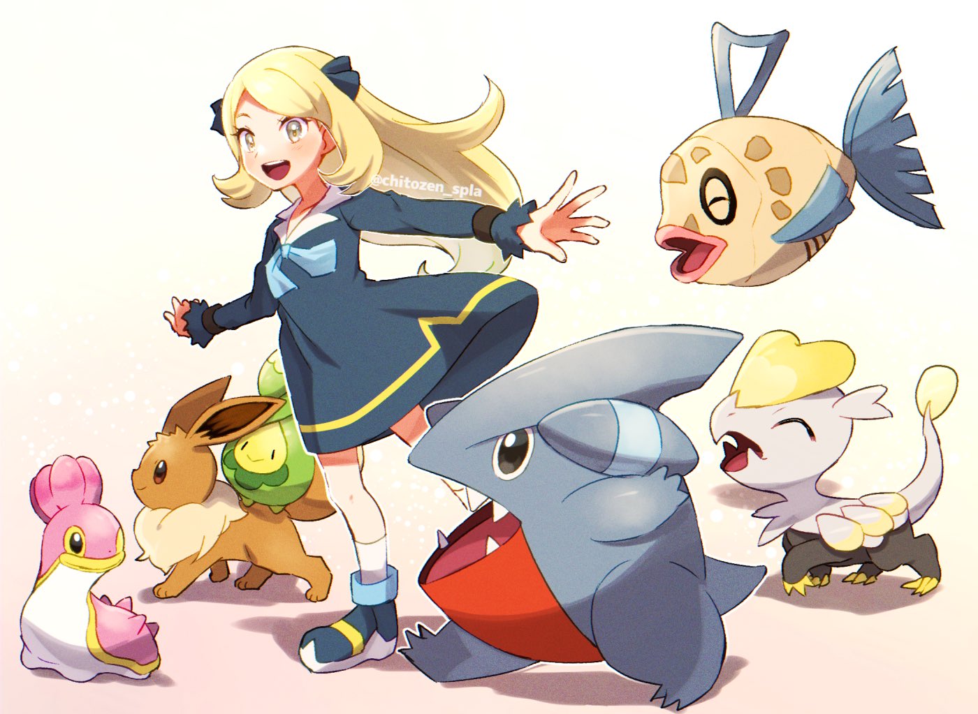 1girl :d black_dress black_footwear black_ribbon blonde_hair blue_ribbon budew chitozen_(pri_zen) commentary_request cynthia_(pokemon) dress eevee eyelashes feebas gible hair_ribbon jangmo-o knees long_hair long_sleeves neck_ribbon open_mouth pokemon pokemon_(anime) pokemon_journeys ribbon shellos shoes smile socks teeth tongue twitter_username upper_teeth watermark white_socks yellow_eyes younger