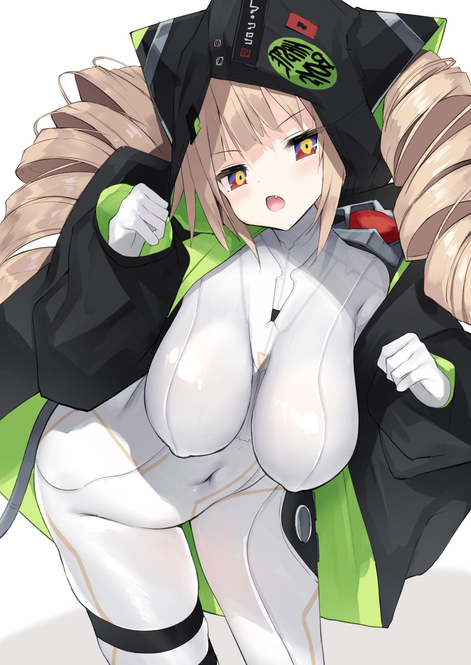 1girl animal_hood bangs black_jacket blonde_hair bodysuit breasts cat_hood cisyo commentary_request covered_navel covered_nipples drill_hair fang gloves hanging_breasts highres hood hooded_jacket huge_breasts impossible_bodysuit impossible_clothes jacket long_sleeves looking_at_viewer multicolored_eyes open_mouth paw_pose shiro_(tower_of_fantasy) sidelocks simple_background skindentation solo thigh_strap tower_of_fantasy twin_drills white_background white_bodysuit white_gloves
