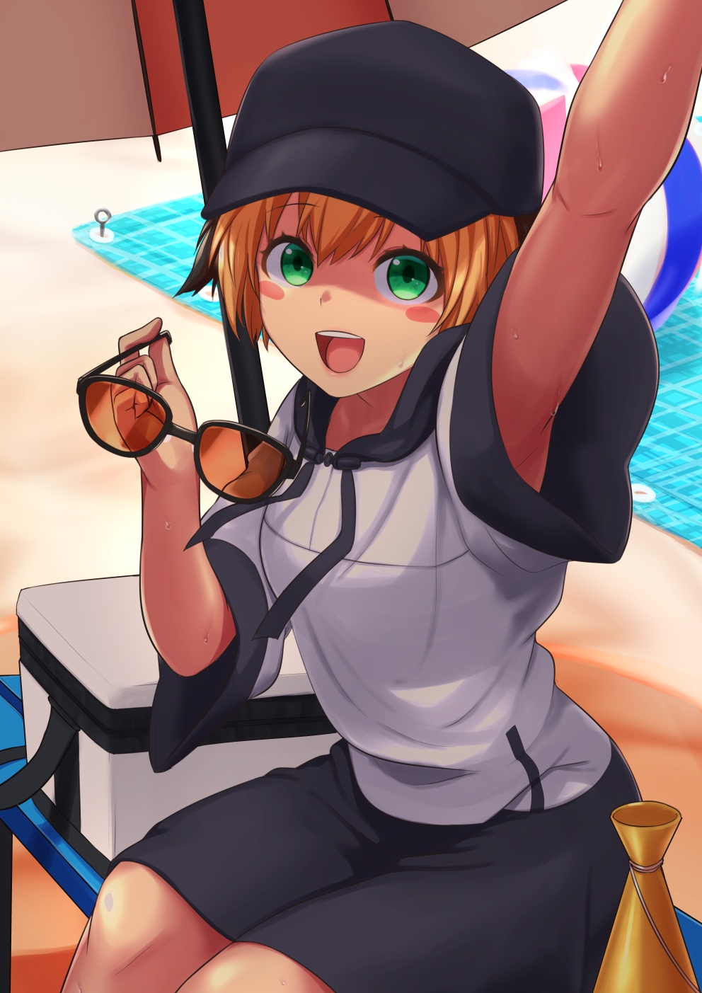 1girl armpit_peek ball baseball_cap beach beach_towel beach_umbrella beachball bench black_hair blonde_hair blush_stickers burn_mekabu cooler drawstring fate/grand_order fate_(series) gareth_(fate) gareth_(swimsuit_saber)_(fate) green_eyes hair_between_eyes hat highres holding holding_eyewear hooded_dress looking_at_viewer megaphone multicolored_hair open_mouth short_hair sitting solo sunglasses sweat towel two-tone_dress two-tone_hair umbrella