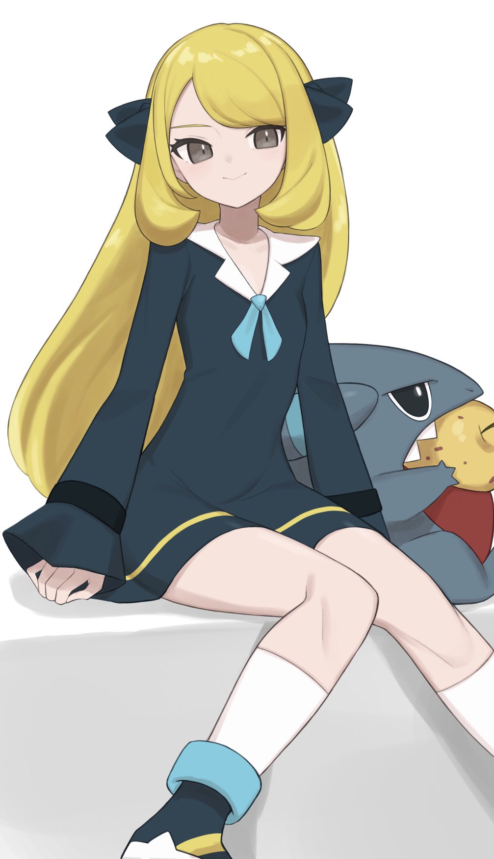 1girl berry_(pokemon) black_dress black_footwear black_ribbon blonde_hair blue_ribbon brown_eyes closed_mouth commentary_request cynthia_(pokemon) dress eyelashes gible hair_ribbon highres knees long_hair long_sleeves neck_ribbon nuneno pokemon pokemon_(anime) pokemon_(creature) pokemon_journeys ribbon shoes sitrus_berry sitting smile socks white_socks younger