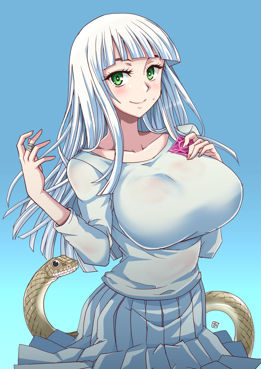 1girl animal aoi_manabu bangs blunt_bangs breasts closed_mouth collarbone condom cowboy_shot eyebrows_hidden_by_hair gradient gradient_background green_eyes hakudou_yayoi hand_on_own_chest hands_up highres hoshi_no_samidare jewelry large_breasts light_blush long_hair long_sleeves looking_at_viewer medium_skirt pleated_skirt ring shea_moon skirt smile snake sweat white_hair