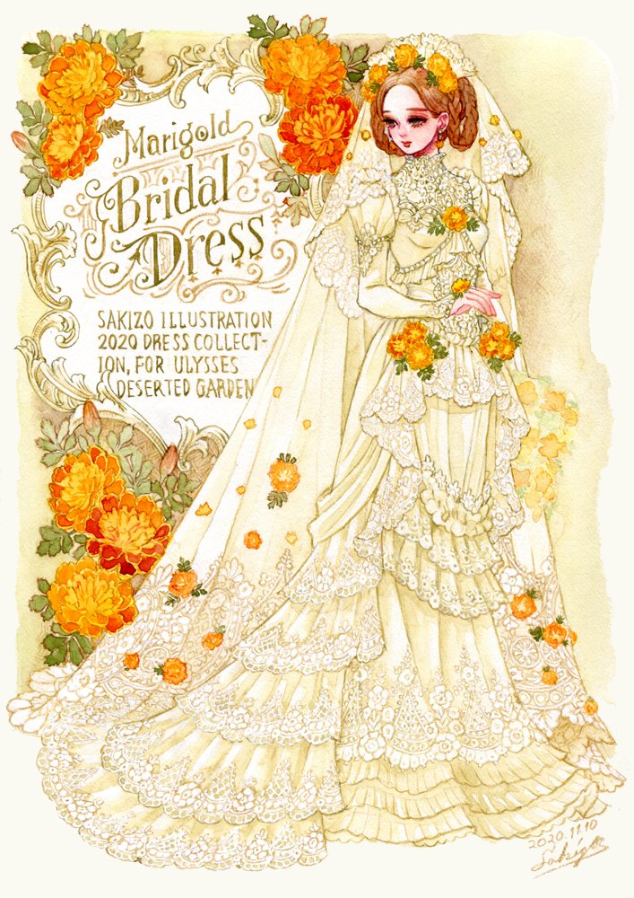 1girl border braid bridal_veil brown_eyes brown_hair commentary dress dress_flower earrings english_commentary english_text expressionless flower flower_earrings full_body hair_flower hair_ornament hair_rings jewelry juliet_sleeves lace-trimmed_dress lace_trim lipstick long_dress long_sleeves looking_to_the_side makeup marigold no_bangs orange_flower original puffy_sleeves sakizou solo standing veil wedding_dress white_border white_dress