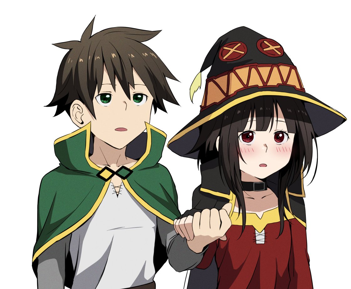 1boy 1girl :o bangs black_cape black_choker black_gloves blush brown_eyes brown_hair buttons cape capelet choker collarbone dress fingerless_gloves gloves green_cape green_capelet grey_background hand_up hat holding_hands izawa_(bhive003) kono_subarashii_sekai_ni_shukufuku_wo! long_sleeves medium_hair megumin raglan_sleeves red_dress satou_kazuma short_hair sidelocks simple_background upper_body witch_hat