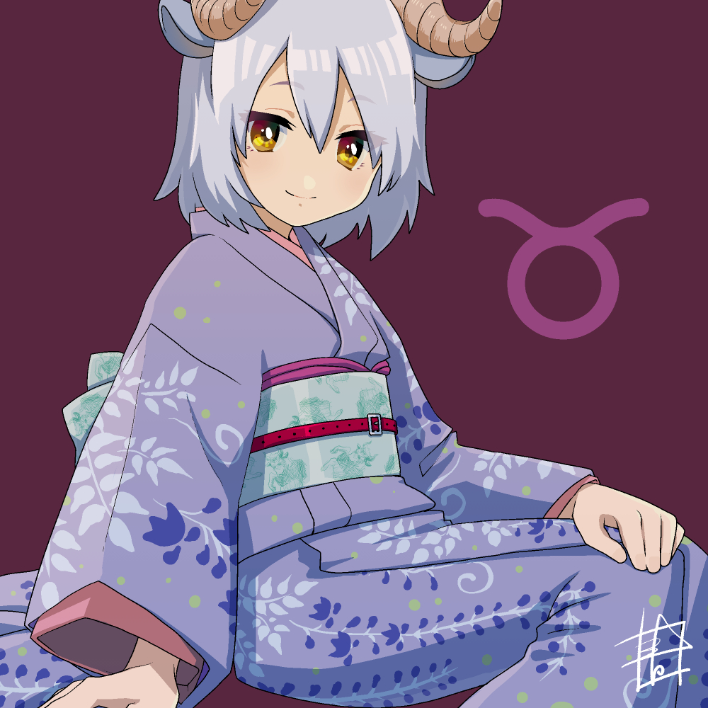 1girl animal_ears aoiyuya blush grey_hair hand_on_own_leg horns invisible_chair japanese_clothes kimono looking_at_viewer obi original sash short_hair sitting smile solo taurus yellow_eyes zodiac