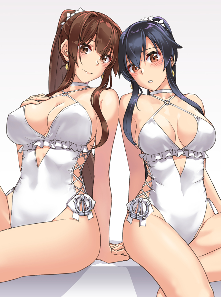 2girls abo_(hechouchou) bare_arms bare_legs bare_shoulders black_hair blush breasts brown_eyes brown_hair closed_mouth collarbone cosplay earrings hair_between_eyes jewelry kantai_collection large_breasts long_hair medium_breasts multiple_girls open_mouth ponytail sagiri_(kancolle) sagiri_(kancolle)_(cosplay) swimsuit very_long_hair white_swimsuit yahagi_(kancolle) yamato_(kancolle)