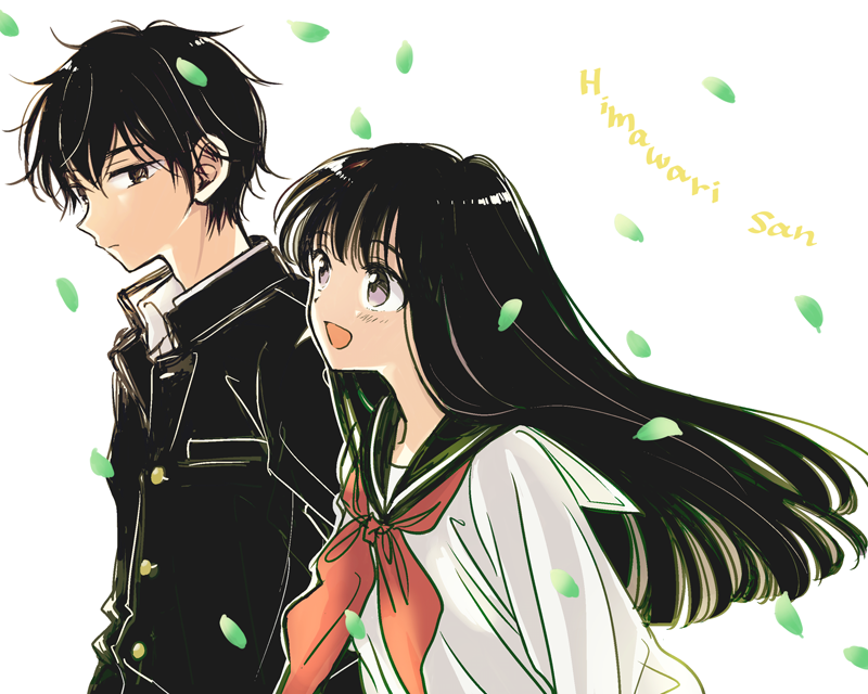 1boy 1girl :d alternate_universe bangs black_hair black_jacket black_sailor_collar blush brother_and_sister buttons character_name closed_mouth commentary_request copyright_name falling_leaves from_side gakuran happy himawari-san himawari-san_(character) jacket kuroizato_kaoru leaf long_hair long_sleeves open_mouth out_of_character purple_eyes sailor_collar school_uniform serafuku shirt short_hair siblings sideways_glance simple_background smile sugano_manami upper_body white_background white_shirt younger
