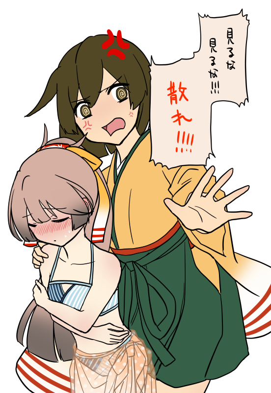 2girls anger_vein bikini blush brown_eyes brown_hair closed_eyes flat_chest green_hakama hair_ribbon hakama hakama_short_skirt hakama_skirt hiryuu_(kancolle) iwana japanese_clothes kantai_collection kazagumo_(kancolle) kimono long_hair multiple_girls nose_blush one_side_up orange_kimono ponytail ribbon sarong short_hair simple_background skirt striped striped_bikini swimsuit white_background