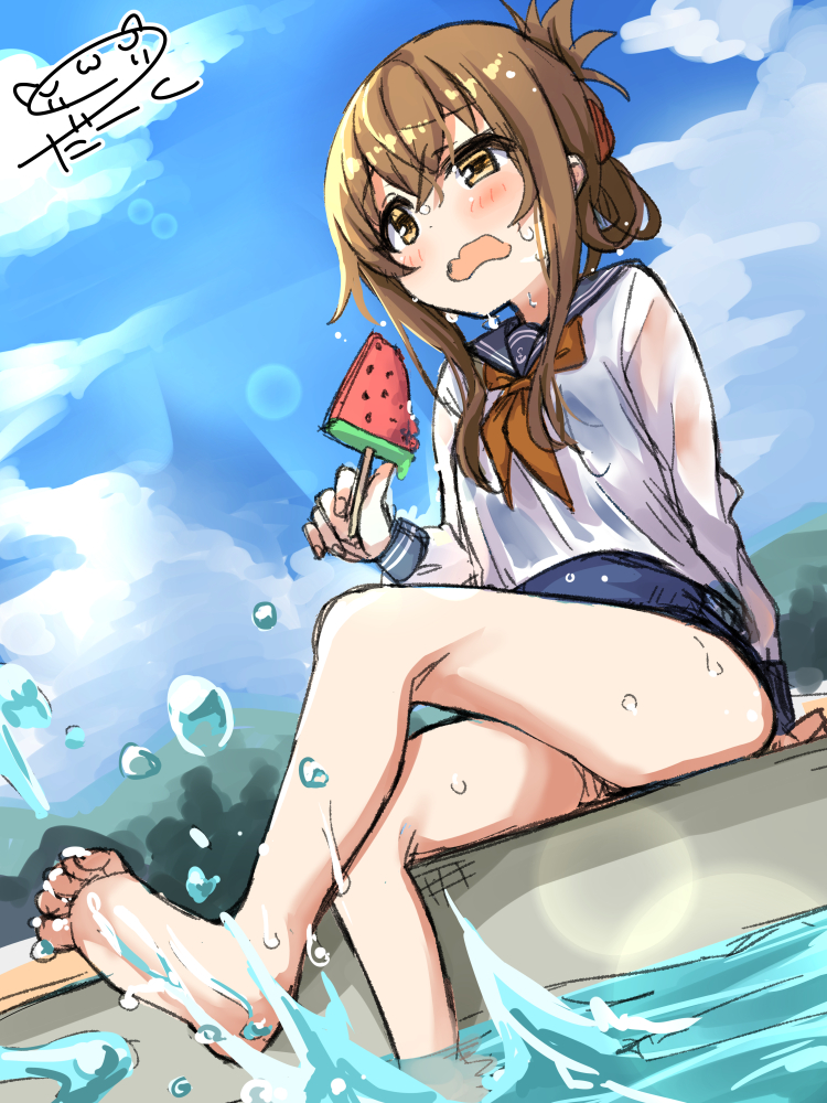 1girl barefoot blue_sailor_collar blue_sky blue_swimsuit brown_hair cloud darkside day dutch_angle folded_ponytail food inazuma_(kancolle) kantai_collection long_hair neckerchief outdoors popsicle sailor_collar school_swimsuit school_uniform serafuku shirt signature sitting sky soaking_feet solo swimsuit swimsuit_under_clothes watermelon_bar wet wet_clothes wet_shirt yellow_neckerchief