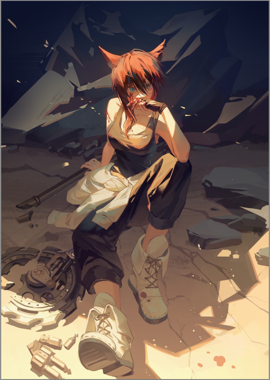 1girl animal_ear_fluff animal_ears ankle_boots avatar_(ff14) bangs bare_shoulders black_gloves black_pants black_tank_top bleeding blood blood_on_arm blood_on_face blood_on_hands blue_eyes boots border broken brown_hair cat_ears chinese_commentary clothes_around_waist collarbone commentary_request covered_mouth covering_mouth crack cross-laced_footwear elbow_on_knee final_fantasy final_fantasy_xiv fingerless_gloves from_above full_body gloves grey_border hair_between_eyes hand_on_own_face hand_up highres injury jacket jacket_around_waist knee_up lege_bushi_shiwu looking_at_viewer medium_hair miqo'te on_ground outdoors pants rock single_glove sitting solo tank_top v-shaped_eyebrows white_footwear wiping_blood